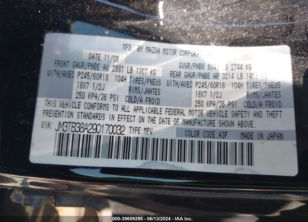 2009 MAZDA CX-9 TOURING VIN: JM3TB38A290170032