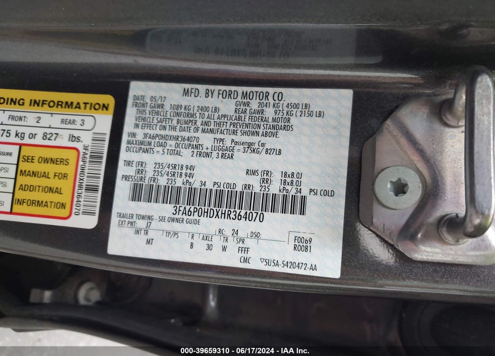 2017 FORD FUSION SE VIN: 3FA6P0HDXHR364070
