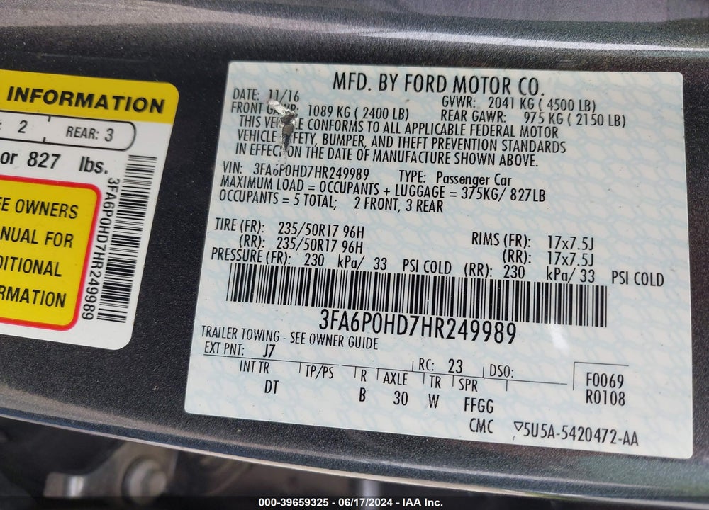 2017 FORD FUSION SE VIN: 3FA6P0HD7HR249989