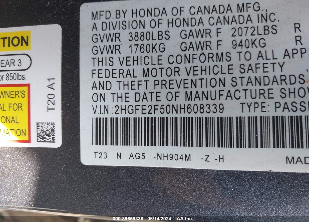 2022 HONDA CIVIC SPORT VIN: 2HGFE2F50NH608339