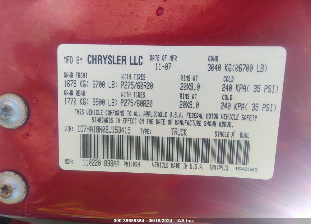 2008 DODGE RAM 1500 SLT VIN: 1D7HA18N08J153415