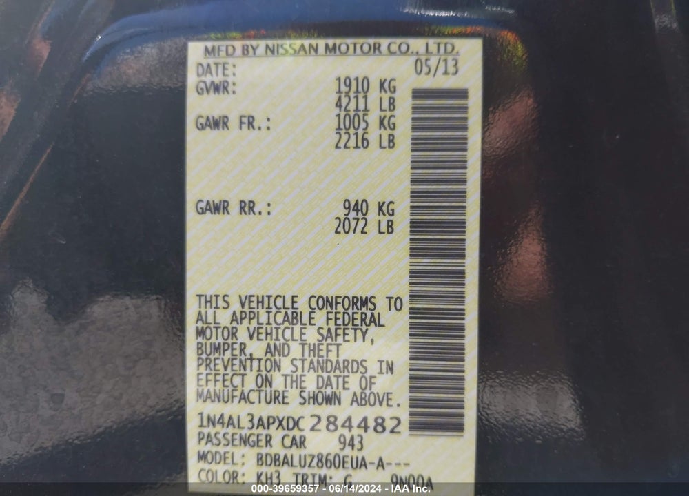 2013 NISSAN ALTIMA 2.5 SV VIN: 1N4AL3APXDC284482