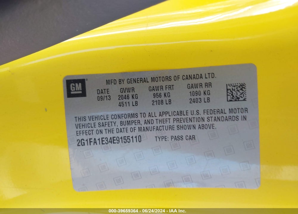 2014 CHEVROLET CAMARO 2LS VIN: 2G1FA1E34E9155110