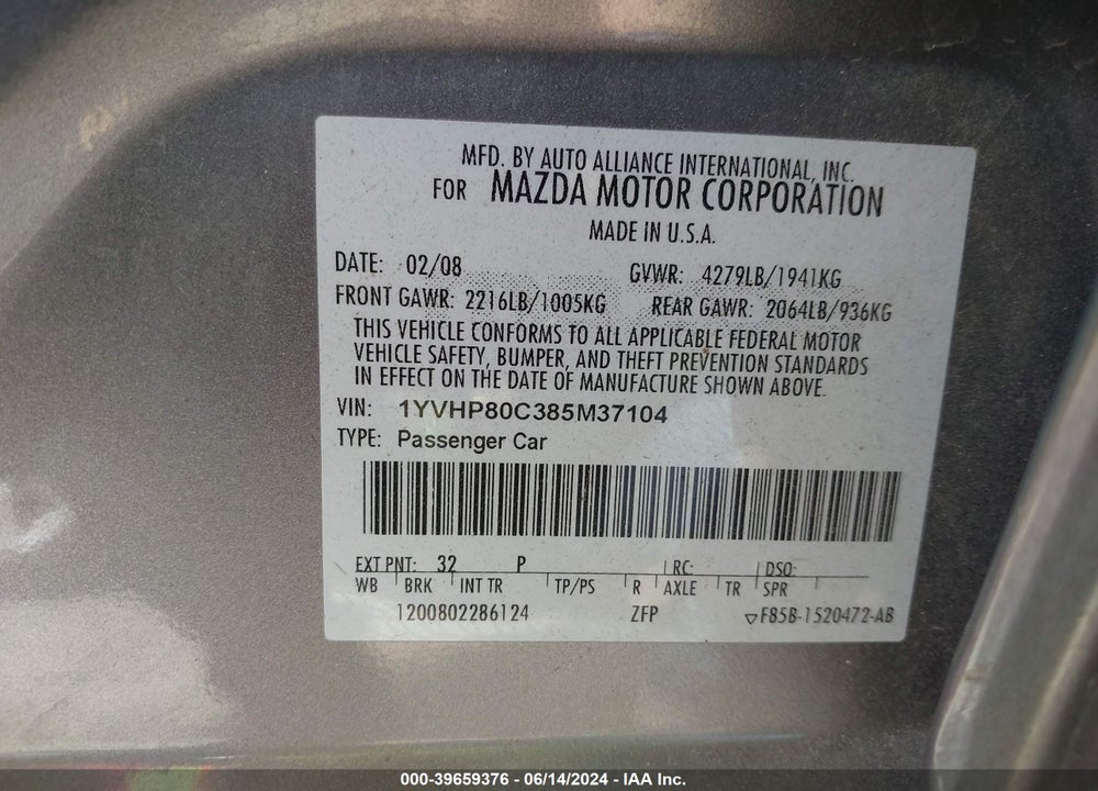 2008 MAZDA 6 I SPORT VE VIN: 1YVHP80C385M37104