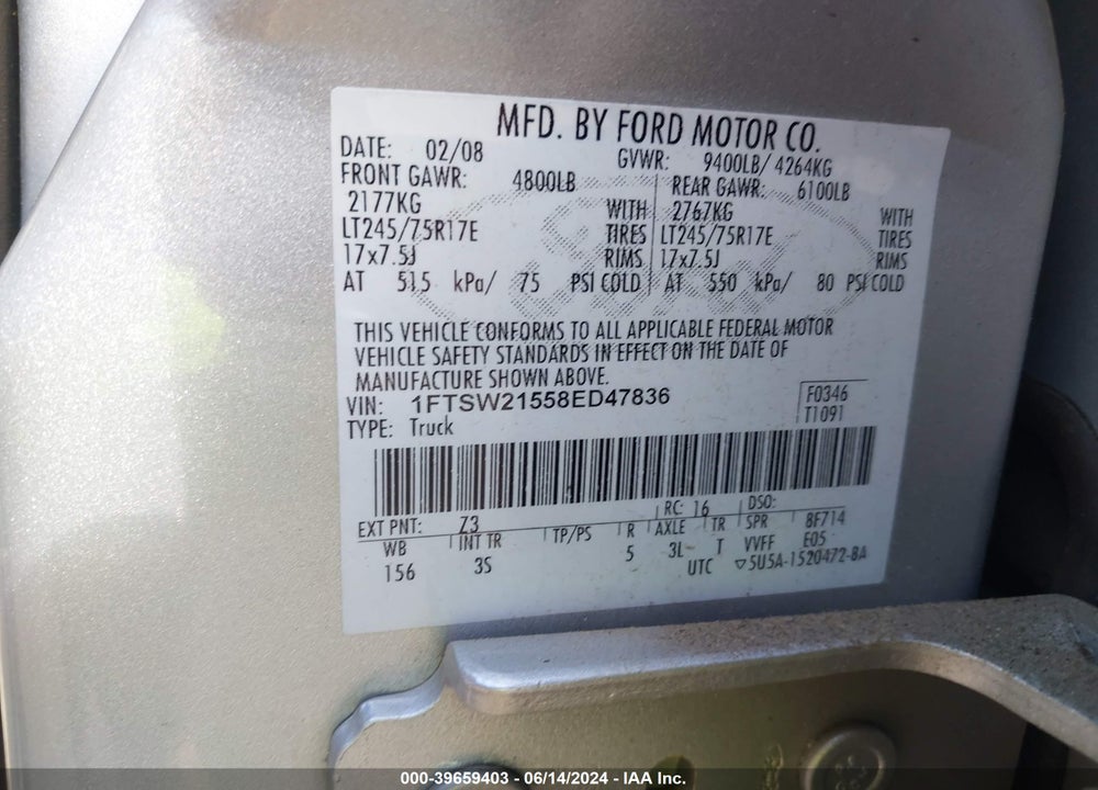 2008 FORD F-250 FX4/KING RANCH/LARIAT/XL/XLT VIN: 1FTSW21558ED47836
