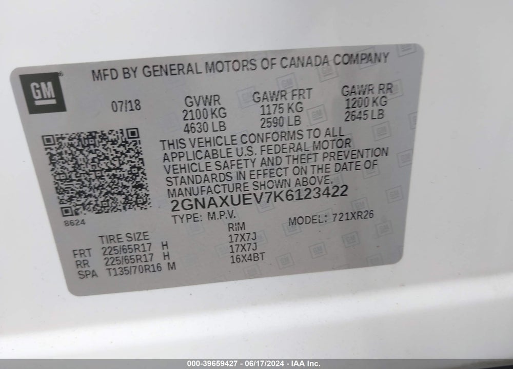 2019 CHEVROLET EQUINOX LT VIN: 2GNAXUEV7K6123422