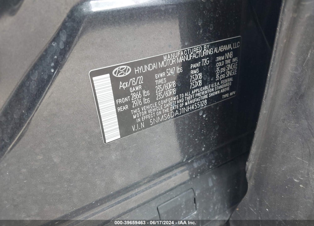 2022 HYUNDAI SANTA FE XRT VIN: 5NMS6DAJ1NH455128