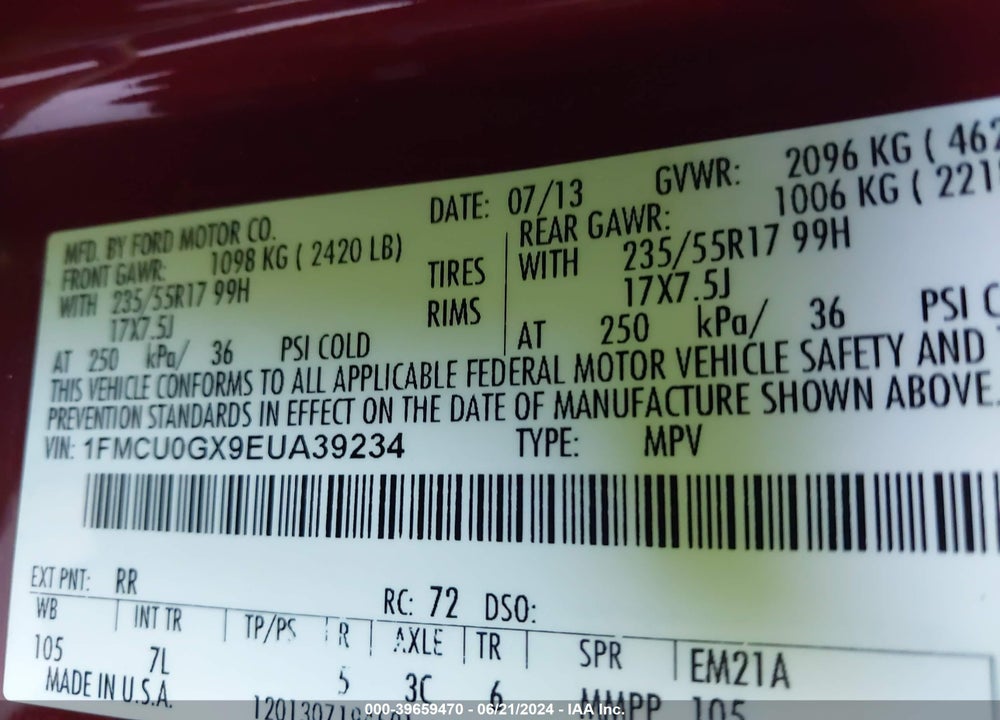 2014 FORD ESCAPE SE VIN: 1FMCU0GX9EUA39234