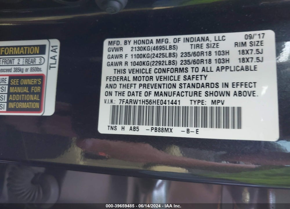 2017 HONDA CR-V EX VIN: 7FARW1H56HE041441