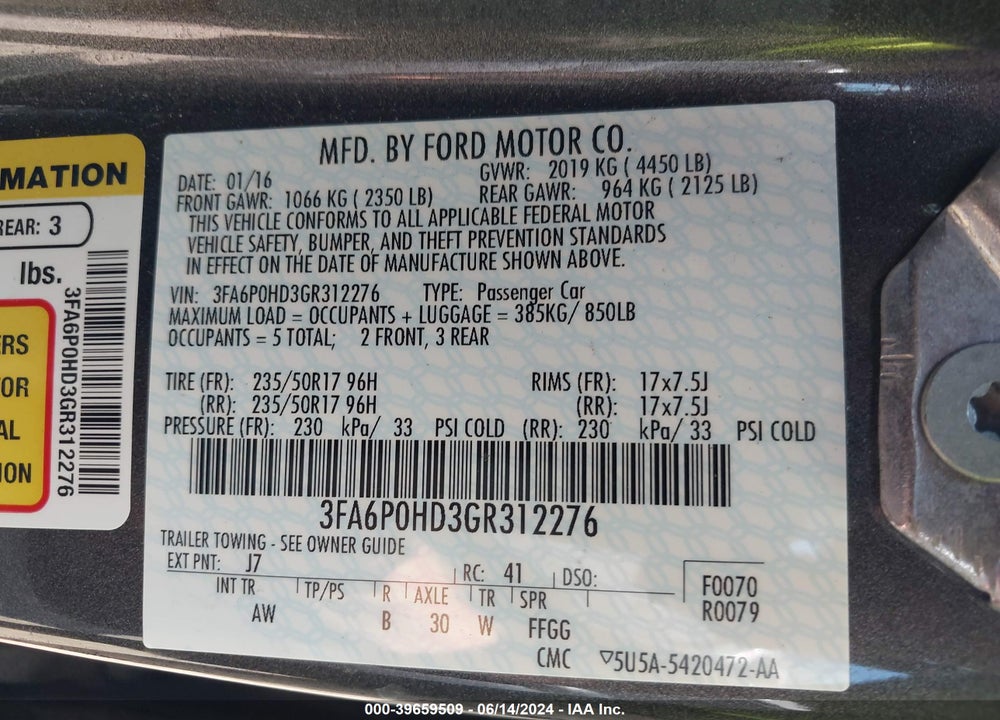 2016 FORD FUSION SE VIN: 3FA6P0HD3GR312276
