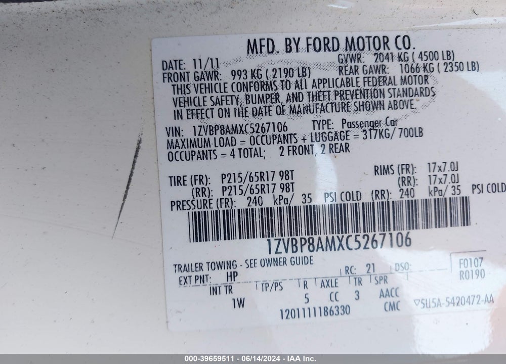 2012 FORD MUSTANG V6 VIN: 1ZVBP8AMXC5267106