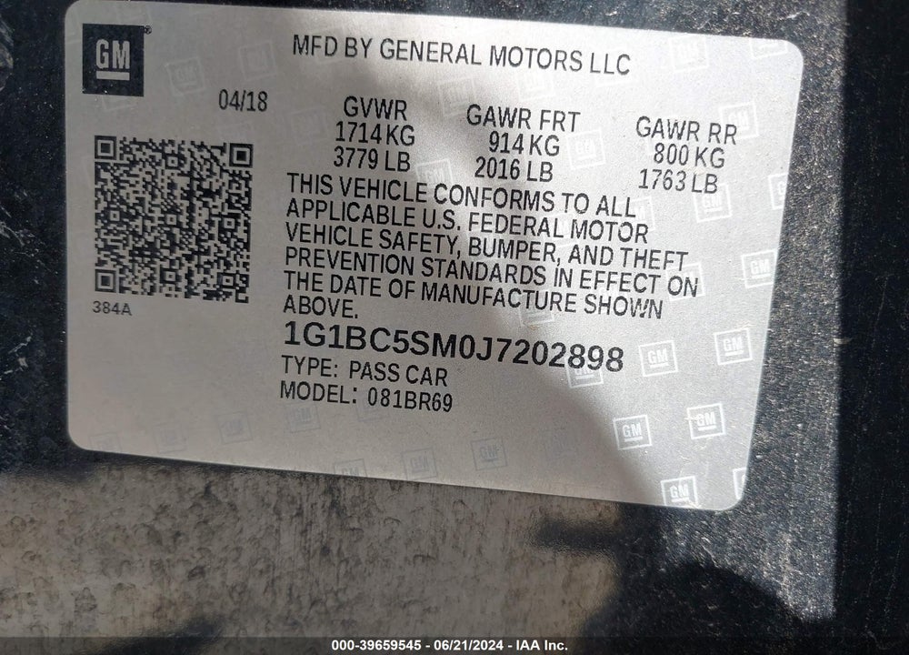 2018 CHEVROLET CRUZE LS AUTO VIN: 1G1BC5SM0J7202898