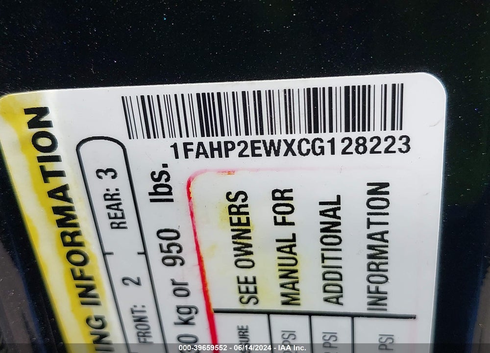 2012 FORD TAURUS SEL VIN: 1FAHP2EWXCG128223