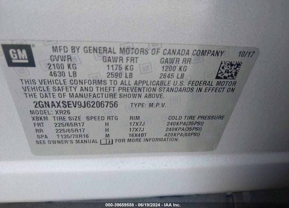2018 CHEVROLET EQUINOX LT VIN: 2GNAXSEV9J6206756