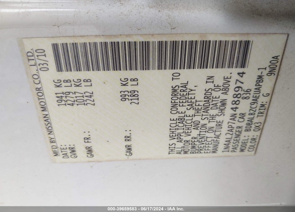 2010 NISSAN ALTIMA 2.5 S VIN: 1N4AL2AP7AN488974
