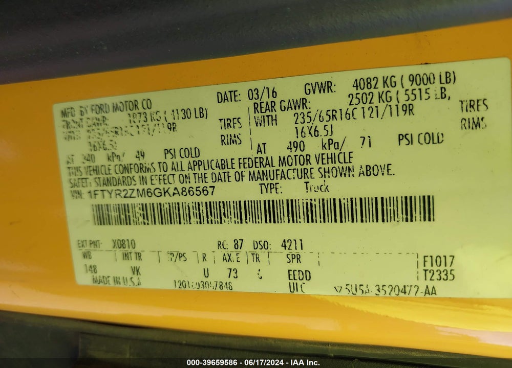 2016 FORD TRANSIT-250 VIN: 1FTYR2ZM6GKA86567