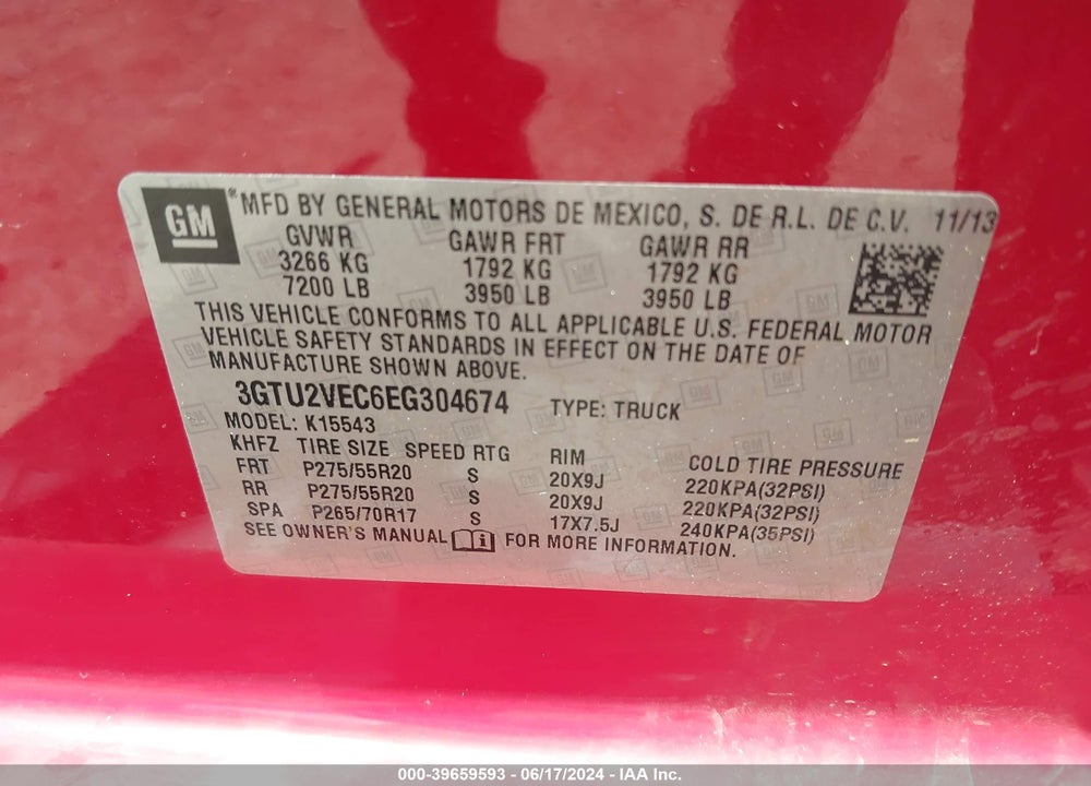 2014 GMC SIERRA 1500 SLT VIN: 3GTU2VEC6EG304674