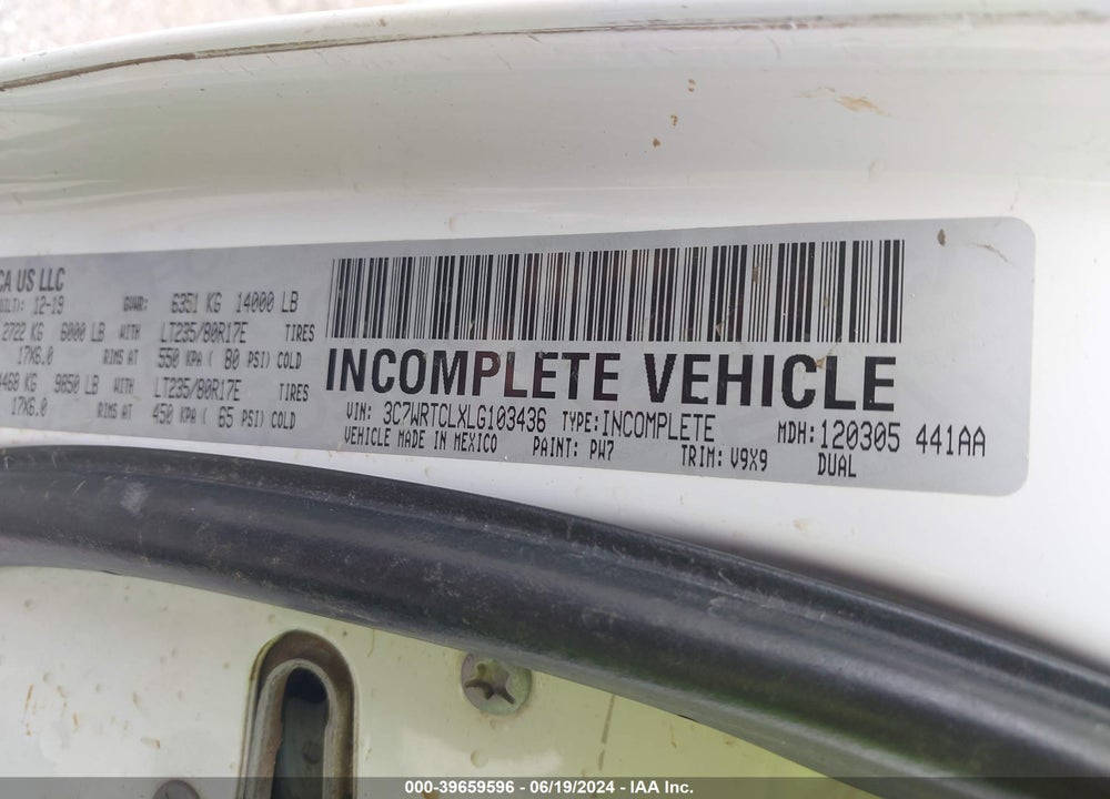 2020 RAM 3500 CHASSIS TRADESMAN/SLT/LAIE/LIMITED VIN: 3C7WRTCLXLG103436