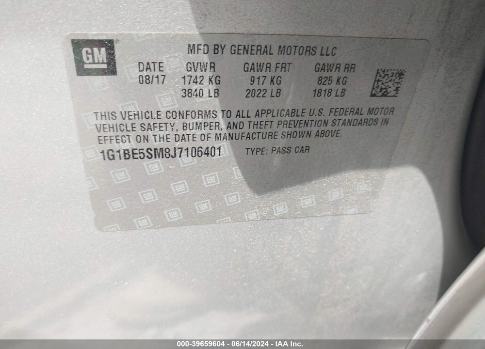 2018 CHEVROLET CRUZE LT AUTO VIN: 1G1BE5SM8J7106401