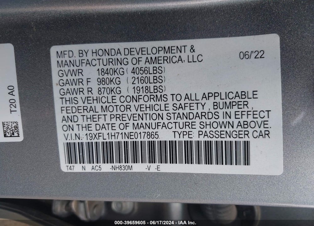 2022 HONDA CIVIC EX-L VIN: 19XFL1H71NE017865