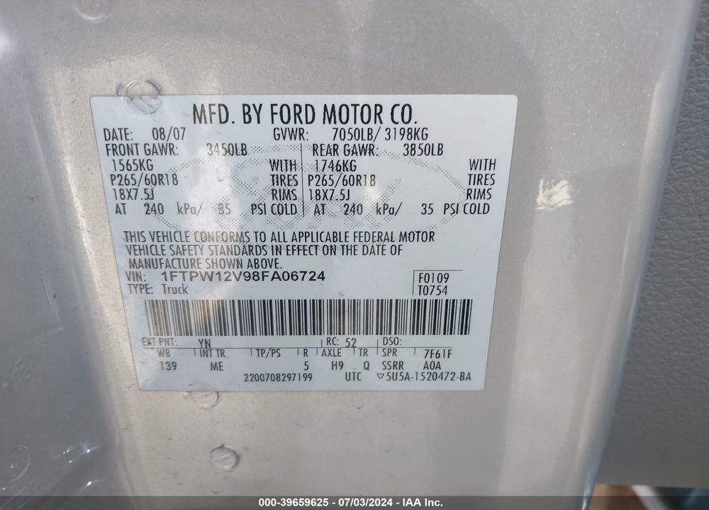 2008 FORD F-150 60TH ANNIVERSARY/FX2/KING RANCH/LARIAT/XLT VIN: 1FTPW12V98FA06724