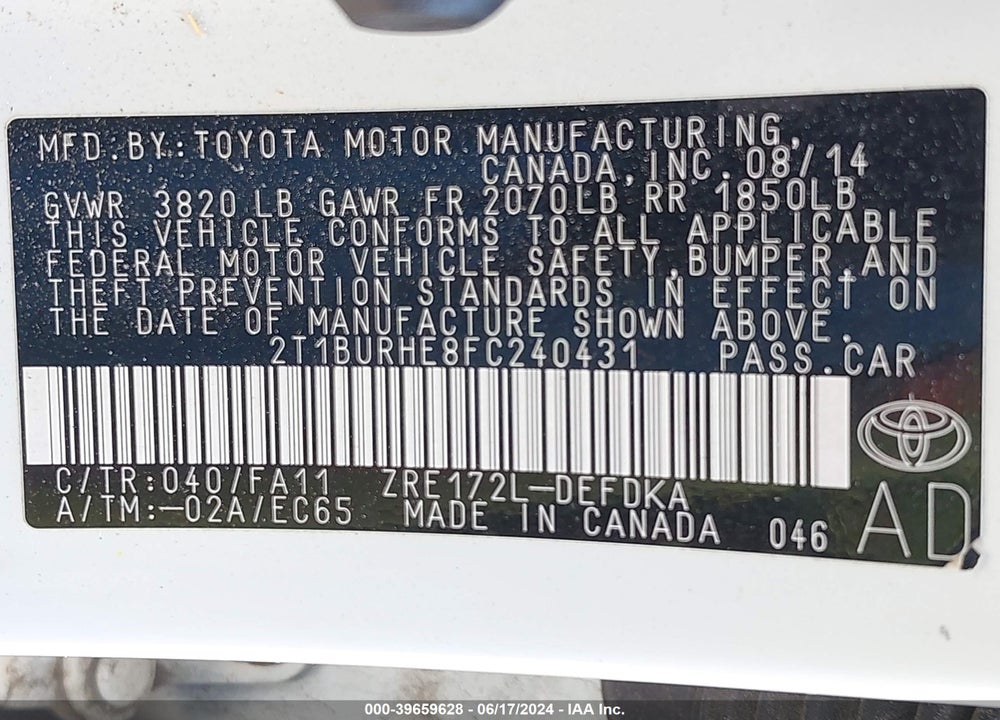 2015 TOYOTA COROLLA L VIN: 2T1BURHE8FC240431