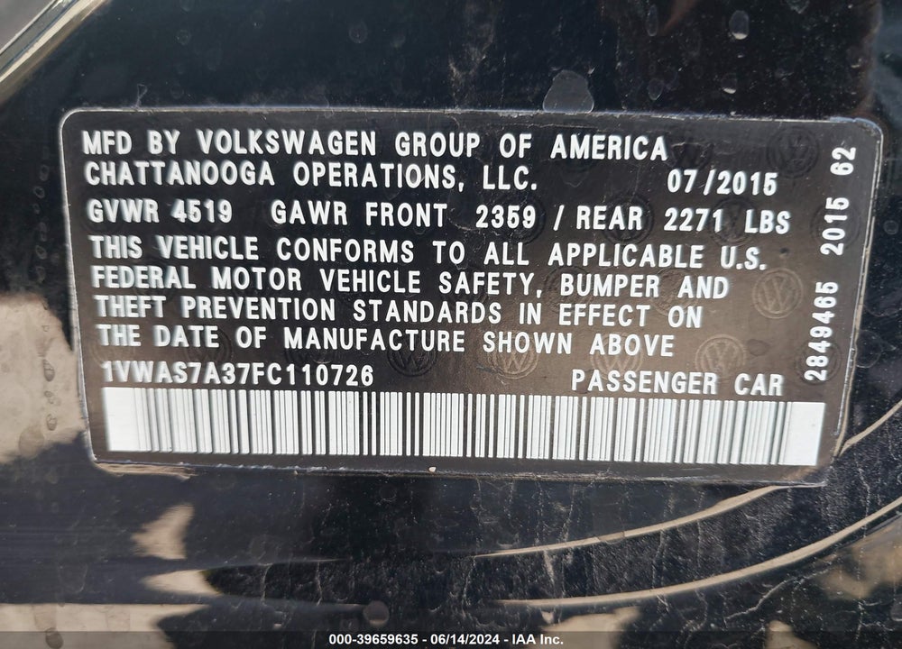 2015 VOLKSWAGEN PASSAT 1.8T LIMITED EDITION VIN: 1VWAS7A37FC110726