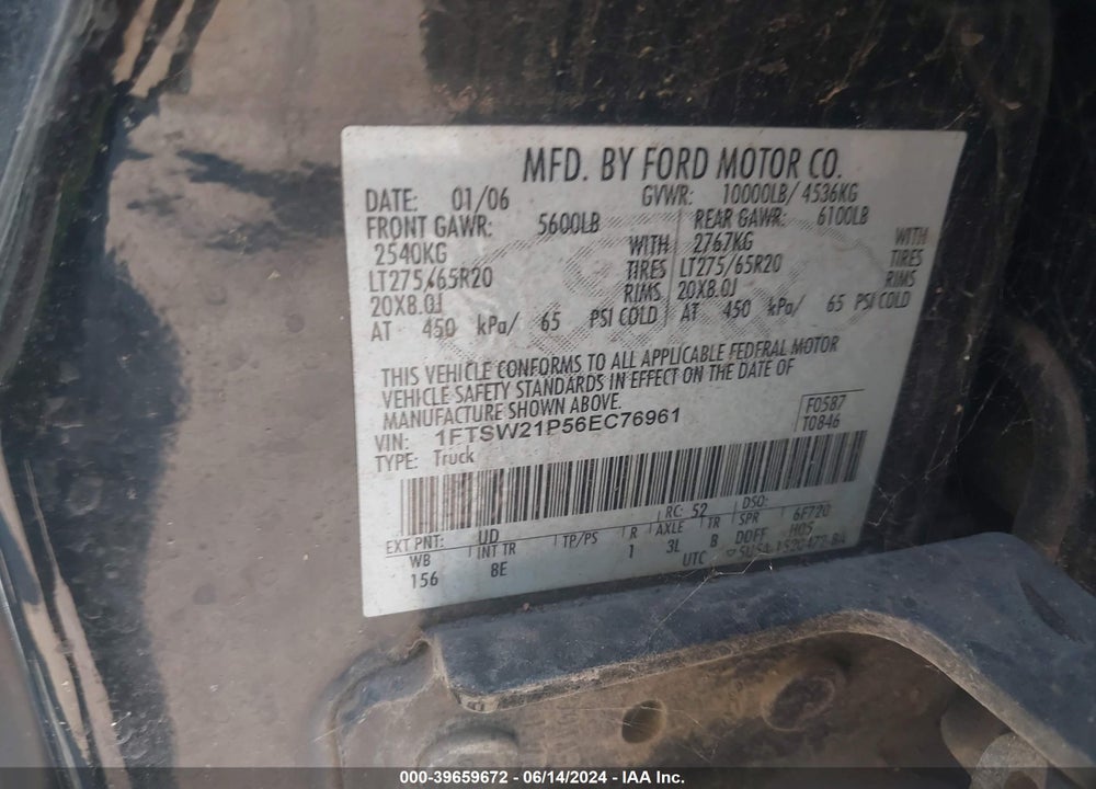 2006 FORD F-250 LARIAT/XL/XLT VIN: 1FTSW21P56EC76961