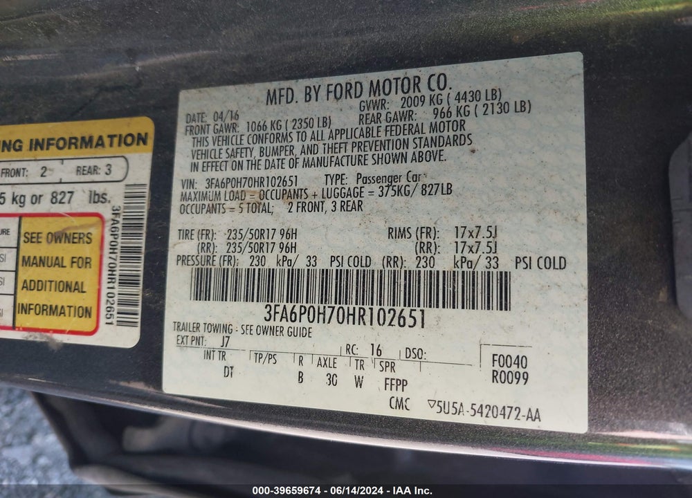 2017 FORD FUSION SE VIN: 3FA6P0H70HR102651