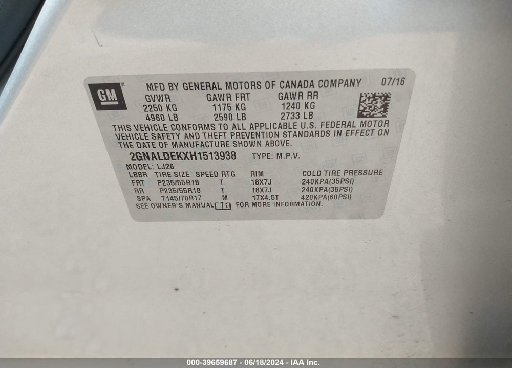 2017 CHEVROLET EQUINOX PREMIER VIN: 2GNALDEKXH1513938