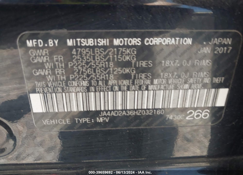 2017 MITSUBISHI OUTLANDER ES VIN: JA4AD2A36HZ032160