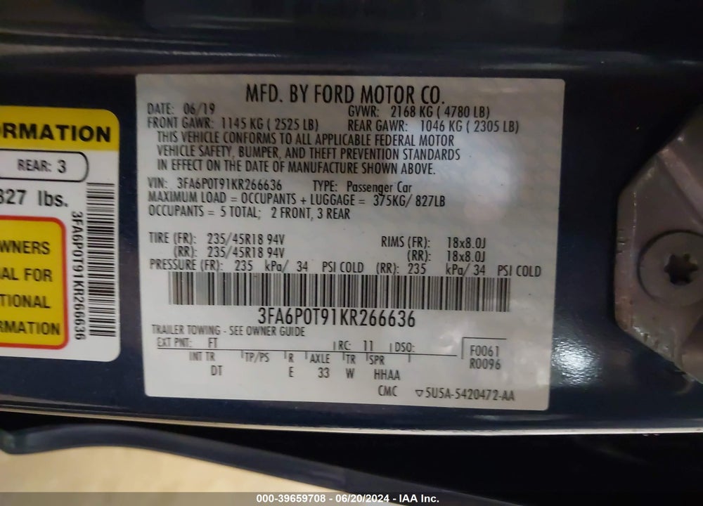 2019 FORD FUSION SE VIN: 3FA6P0T91KR266636