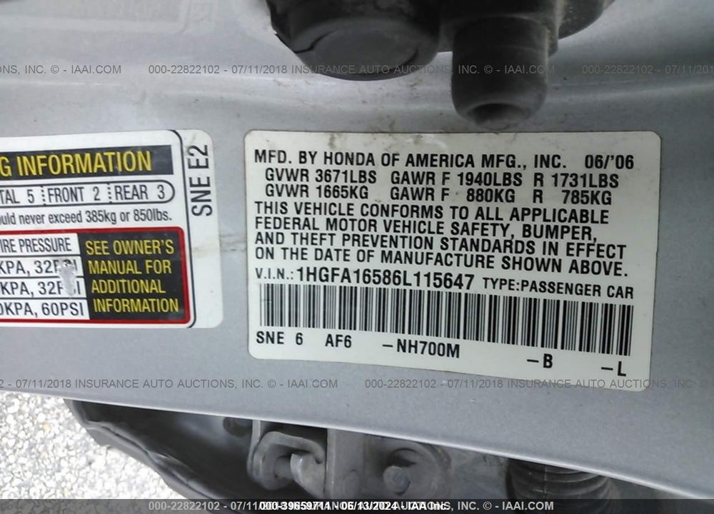2006 HONDA CIVIC LX VIN: 1HGFA16586L115647
