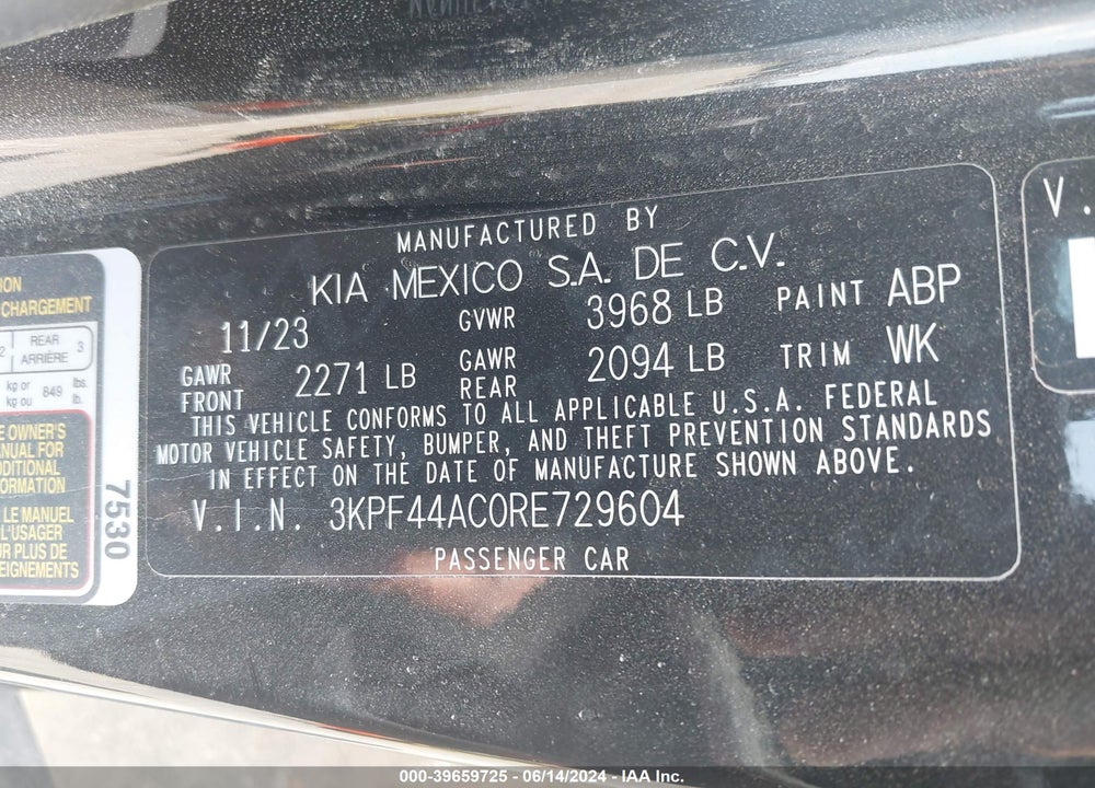 2024 KIA FORTE GT VIN: 3KPF44AC0RE729604