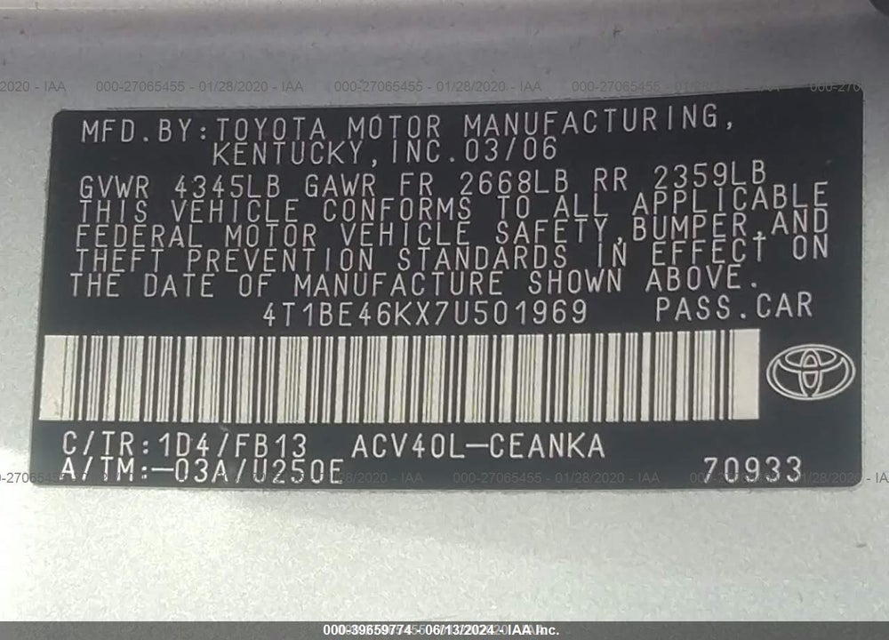 2007 TOYOTA CAMRY CE/LE/SE/XLE VIN: 4T1BE46KX7U501969