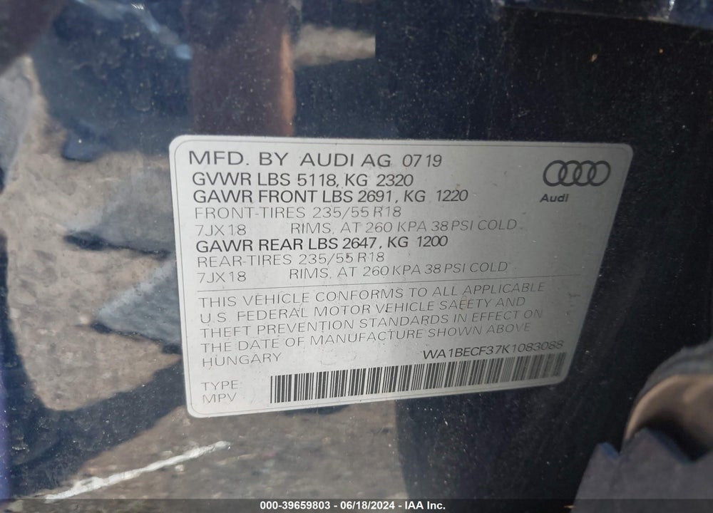 2019 AUDI Q3 2.0T PREMIUM VIN: WA1BECF37K1083088