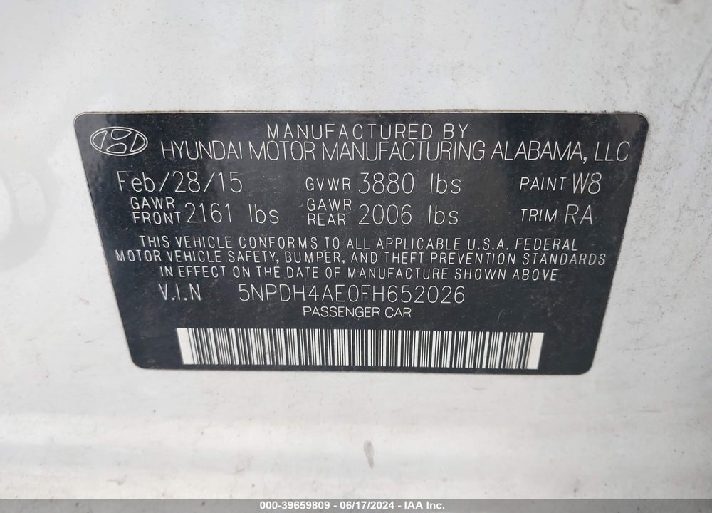 2015 HYUNDAI ELANTRA SE VIN: 5NPDH4AE0FH652026