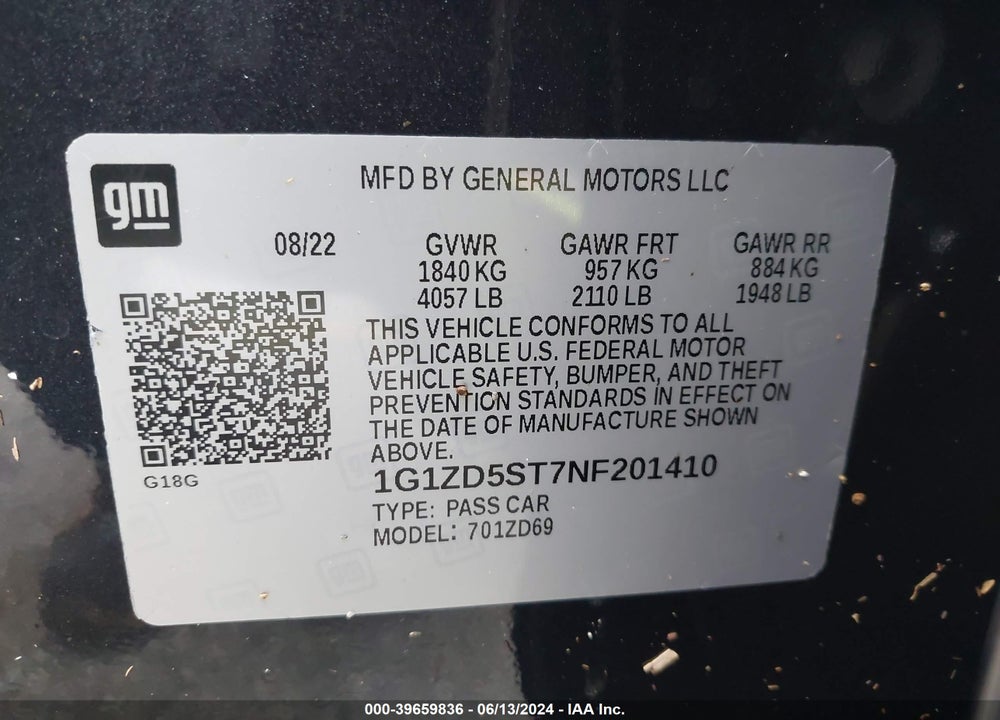 2022 CHEVROLET MALIBU FWD LT VIN: 1G1ZD5ST7NF201410