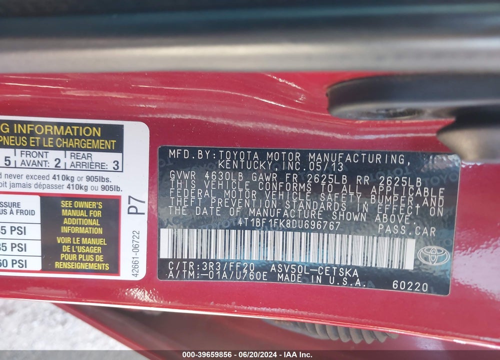 2013 TOYOTA CAMRY SE VIN: 4T1BF1FK8DU696767