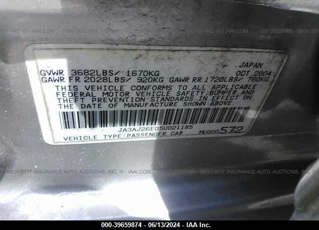 2005 MITSUBISHI LANCER ES VIN: JA3AJ26E05U021185
