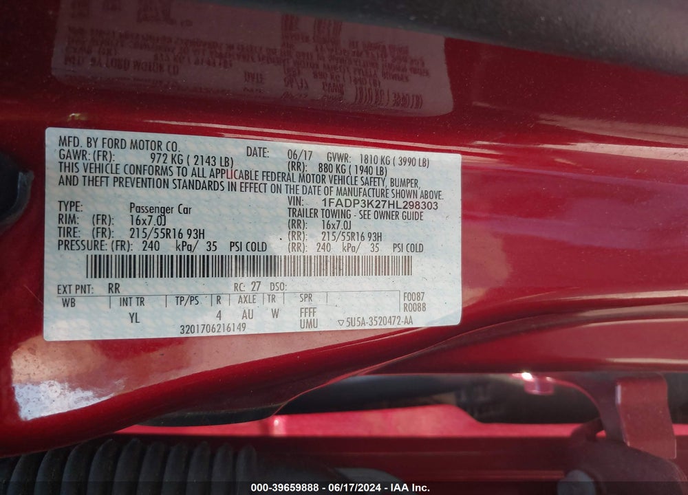 2017 FORD FOCUS SE VIN: 1FADP3K27HL298303