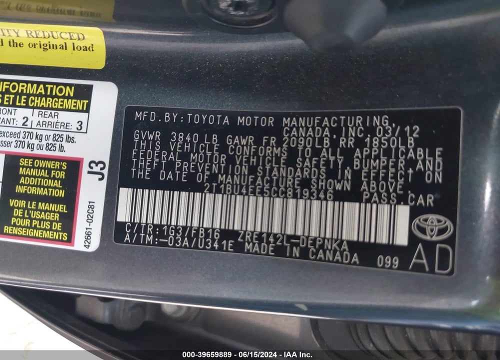 2012 TOYOTA COROLLA LE VIN: 2T1BU4EE5CC819346