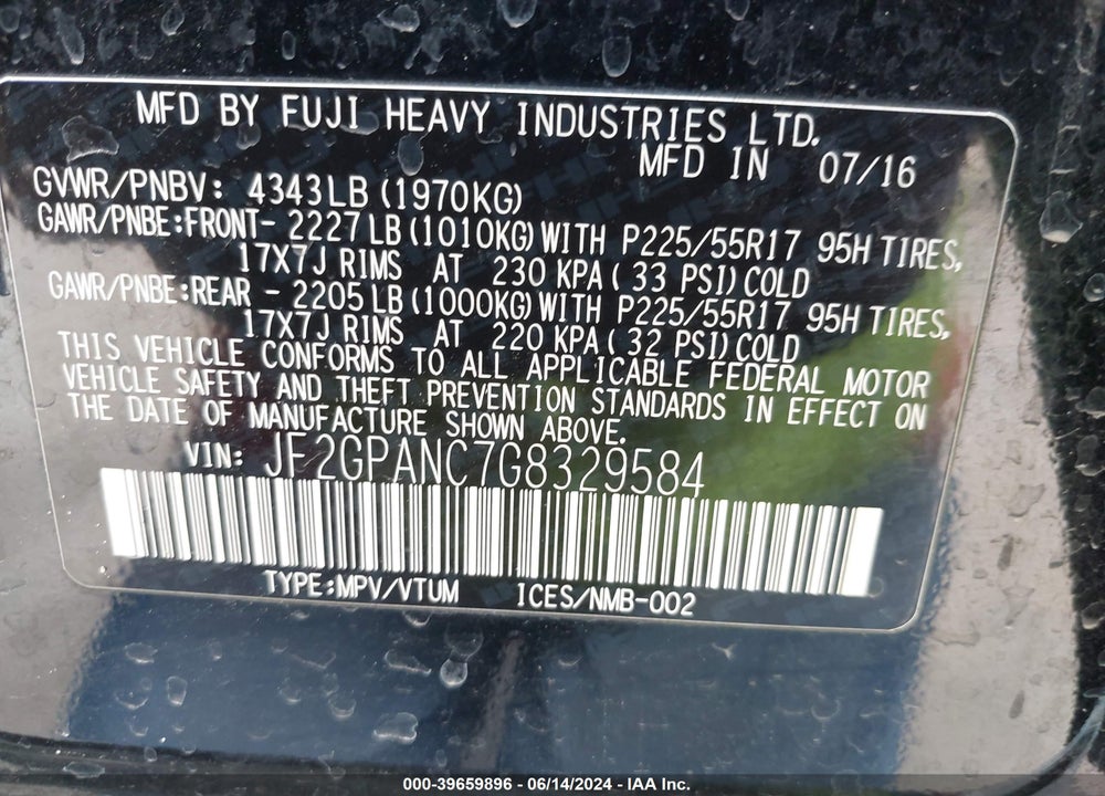2016 SUBARU CROSSTREK 2.0I LIMITED VIN: JF2GPANC7G8329584