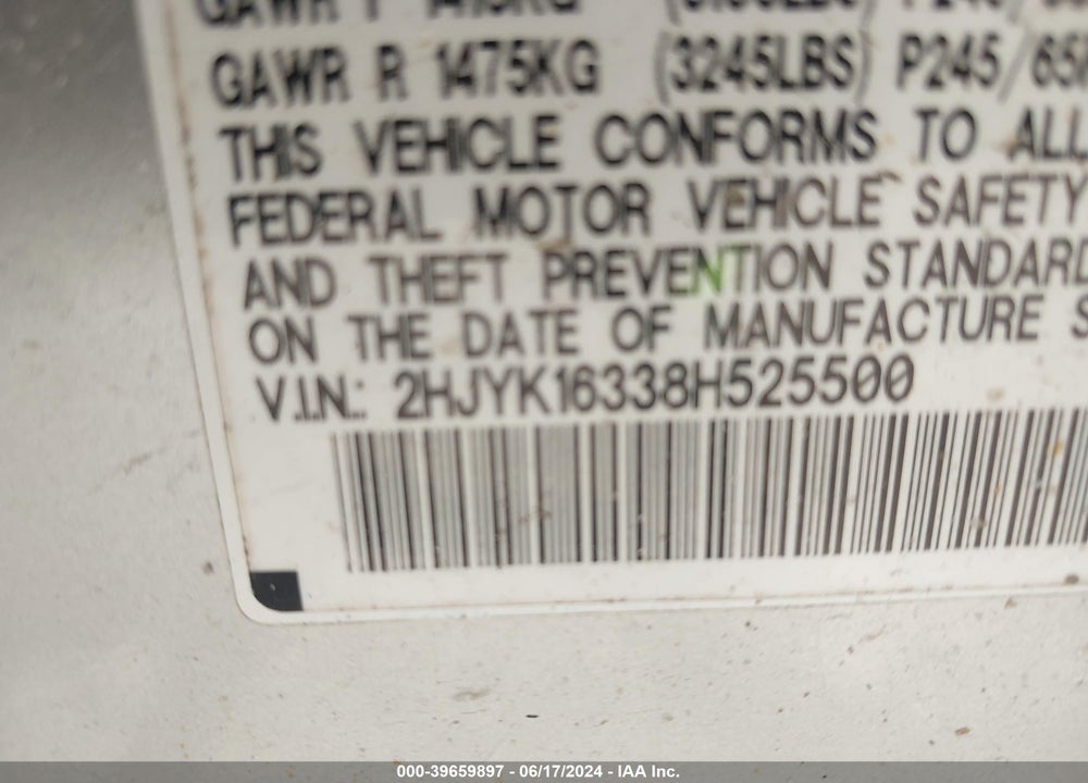2008 HONDA RIDGELINE RTX VIN: 2HJYK16338H525500