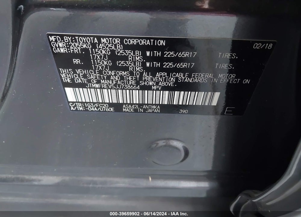 2018 TOYOTA RAV4 XLE VIN: JTMWFREV5JJ738664