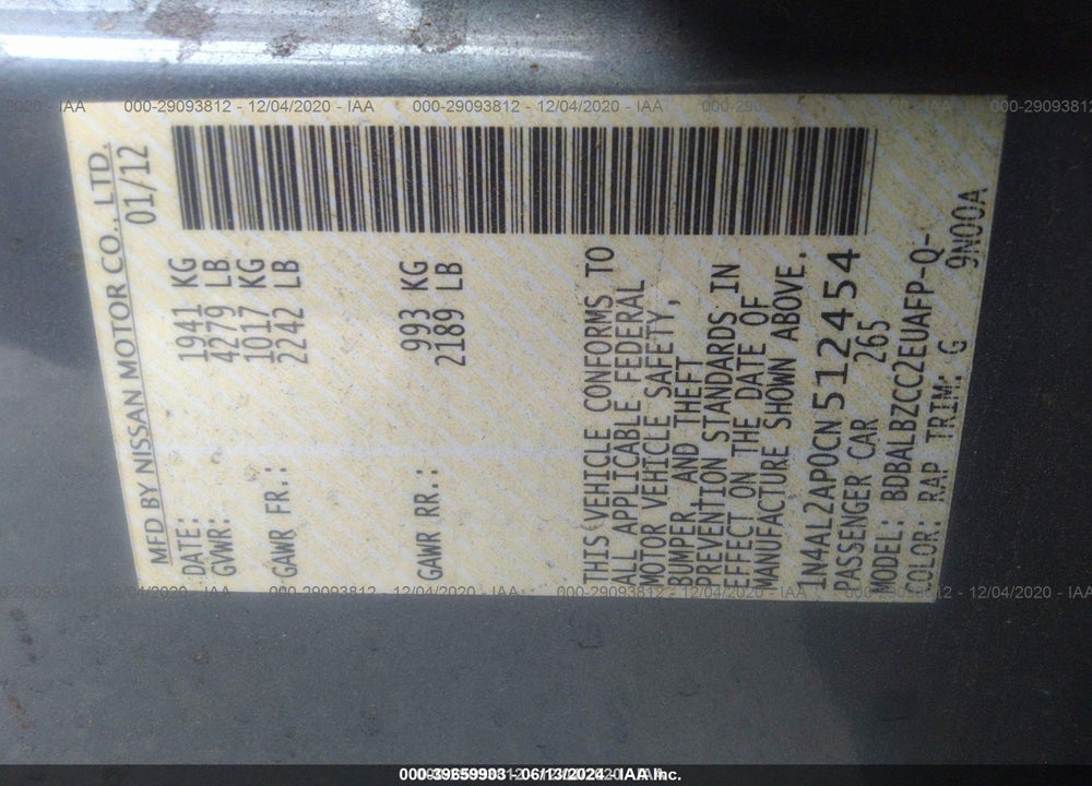 2012 NISSAN ALTIMA 2.5 S VIN: 1N4AL2AP0CN512454
