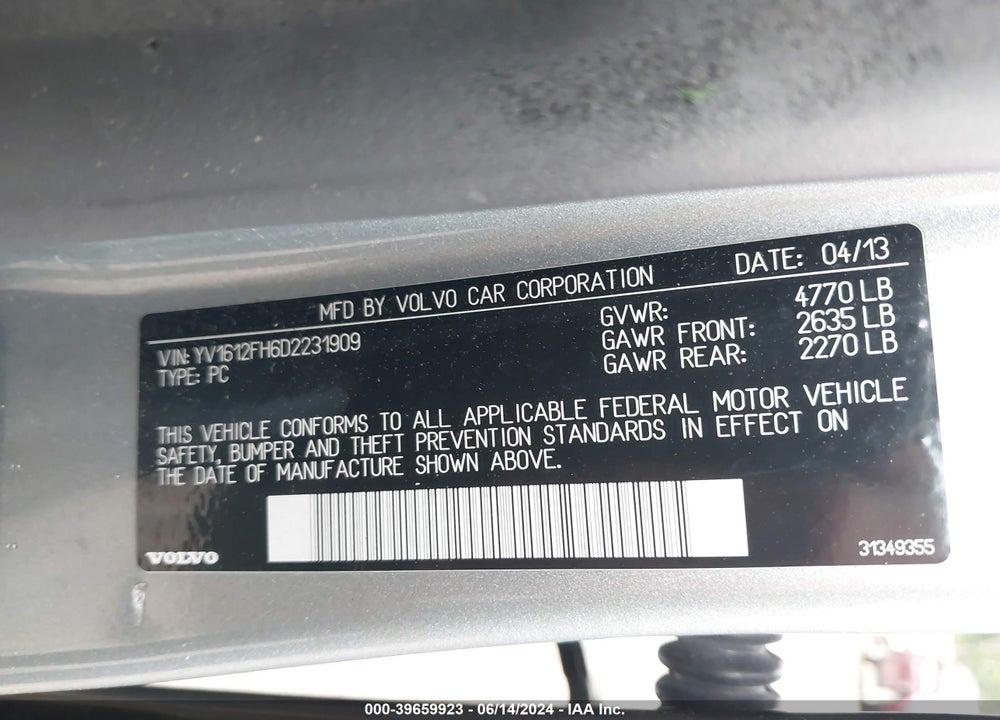 2013 VOLVO S60 T5/T5 PLATINUM/T5 PREMIER/T5 PREMIER PLUS VIN: YV1612FH6D2231909