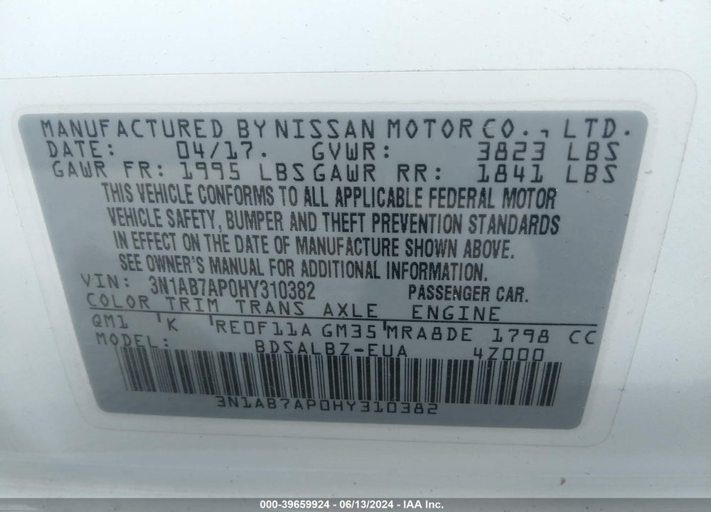 2017 NISSAN SENTRA S VIN: 3N1AB7AP0HY310382