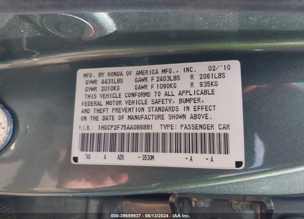 2010 HONDA ACCORD 2.4 EX VIN: 1HGCP2F75AA086881