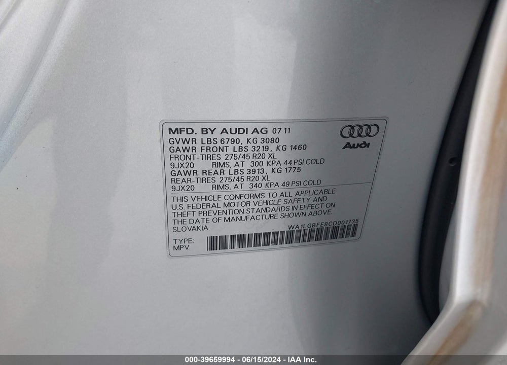 2012 AUDI Q7 3.0T PREMIUM VIN: WA1LGBFE8CD001735